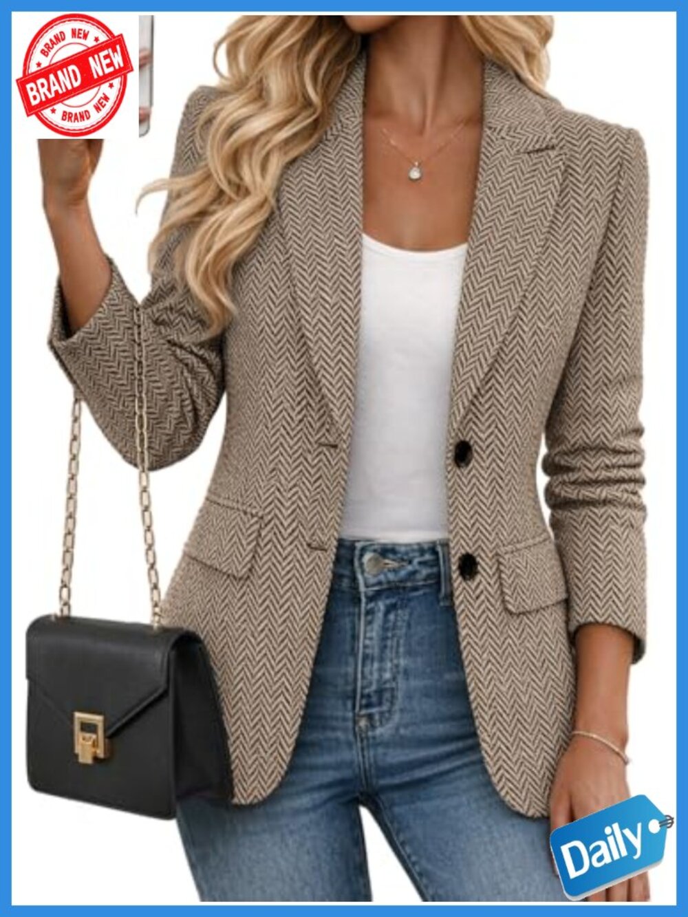 Women Tweed Blazer Herringbone Slim Fit Notched Lapel Business Casual Work